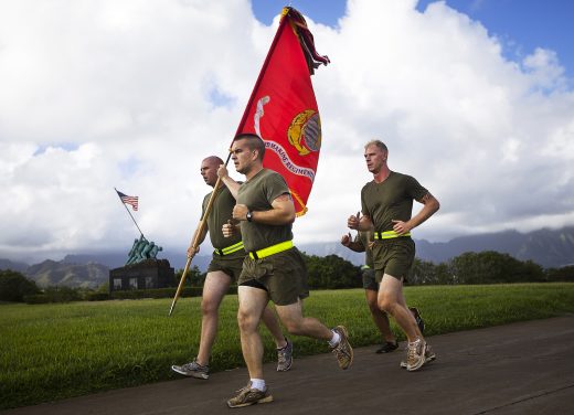 U.S. Marines with 3rd Marine Regiment run past the Pacific War Memorial with their regimental battle colors on Marine Corps Base Hawaii, Nov. 6, 2012, in celebration of the Marine Corps’ 237th birthday, Nov. 10. Both Marines and Navy corpsmen assigned to 3rd Marines, the highest-deployed Marine infantry regiment in Operations Enduring and Iraqi Freedom, honored their heritage by running a two-mile course from the 3rd Marines headquarters to the Pacific War Memorial and back. In total, 29 teams of four runners and an additional lone runner completed 237 miles.